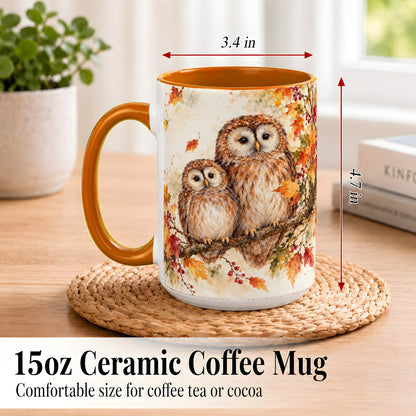 #pl[15oz|Orange] Watercolor Owl Coffee Mug, Autumn Owl Mug, Ceramic Cup