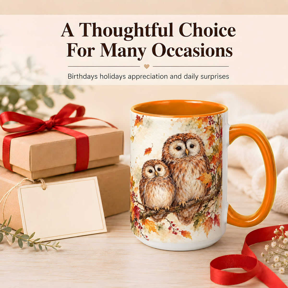 #pl[15oz|Orange] Watercolor Owl Coffee Mug, Autumn Owl Mug, Ceramic Cup