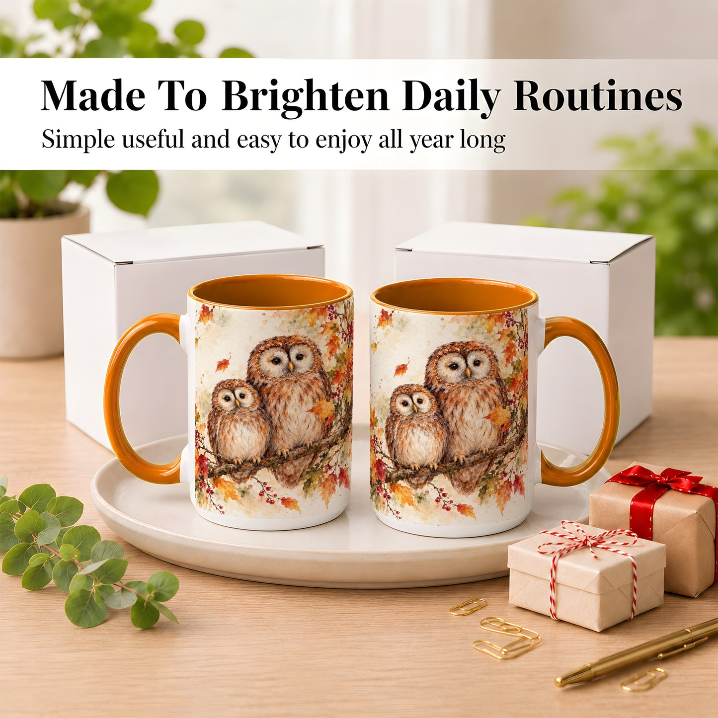 #pl[15oz|Orange] Watercolor Owl Coffee Mug, Autumn Owl Mug, Ceramic Cup
