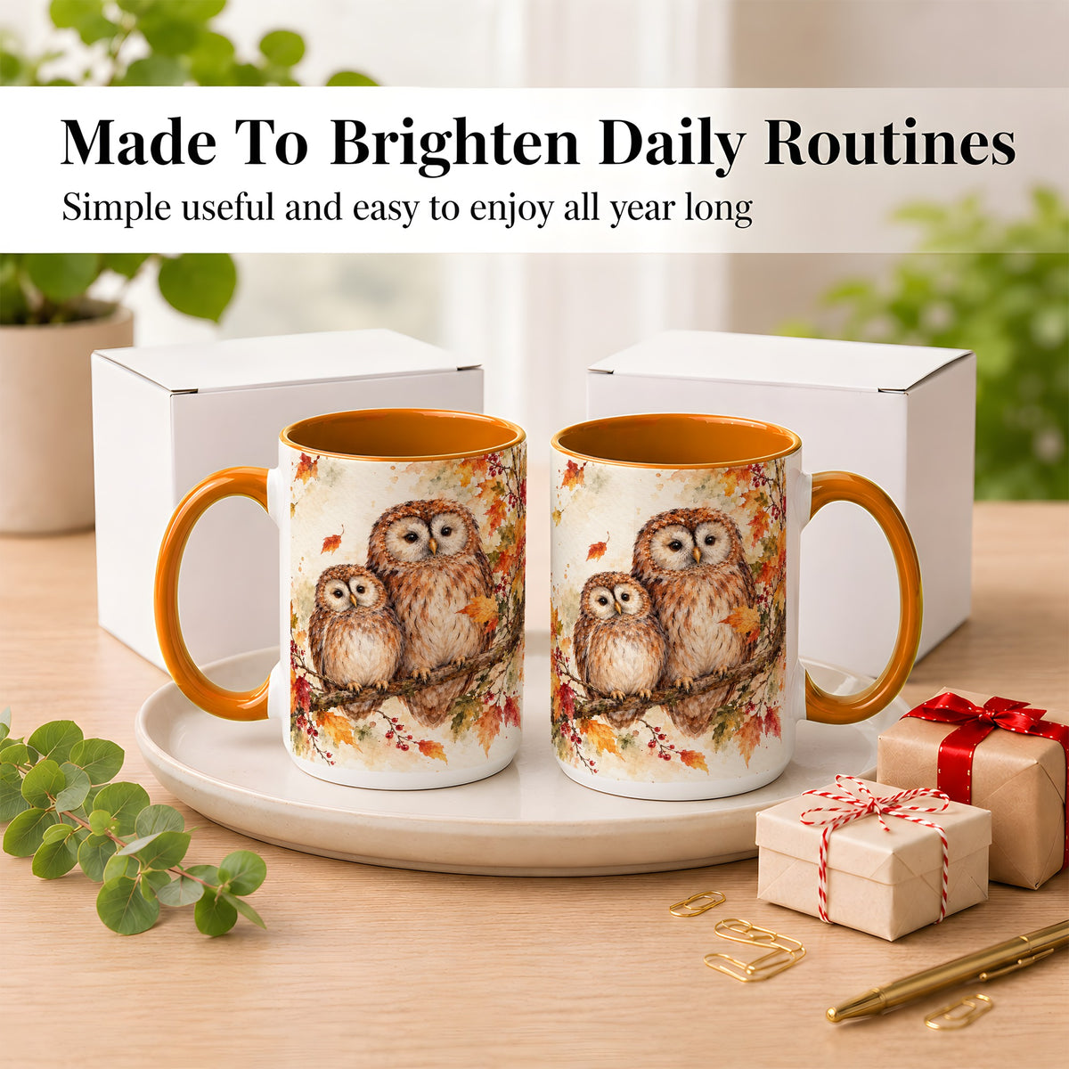 #pl[15oz|Orange] Watercolor Owl Coffee Mug, Autumn Owl Mug, Ceramic Cup