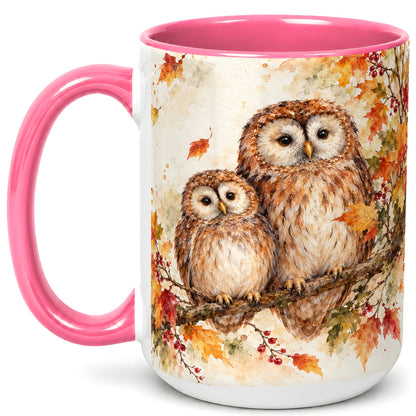 #pl[15oz|Pink] Watercolor Owl Coffee Mug, Autumn Owl Mug, Ceramic Cup