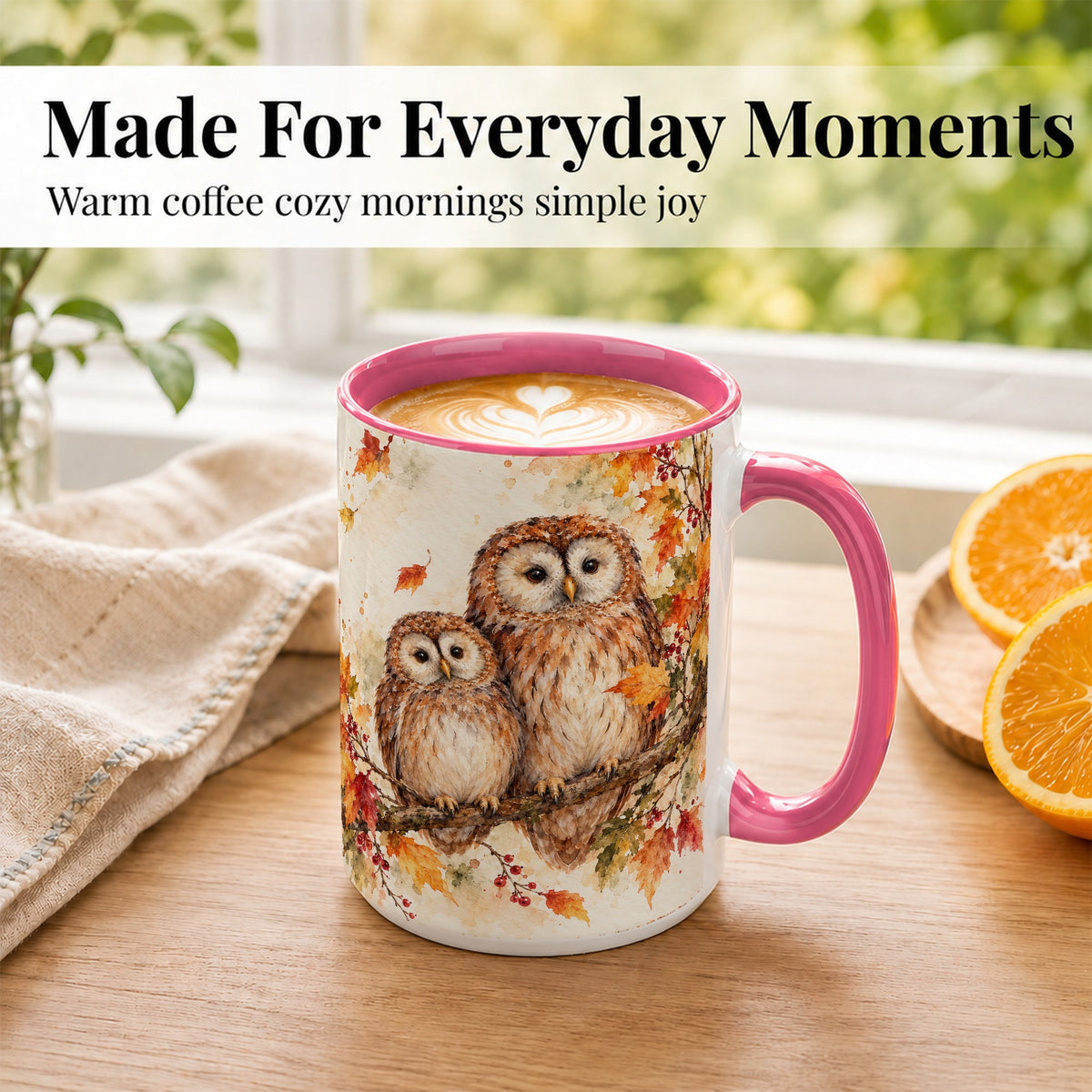 #pl[15oz|Pink] Watercolor Owl Coffee Mug, Autumn Owl Mug, Ceramic Cup