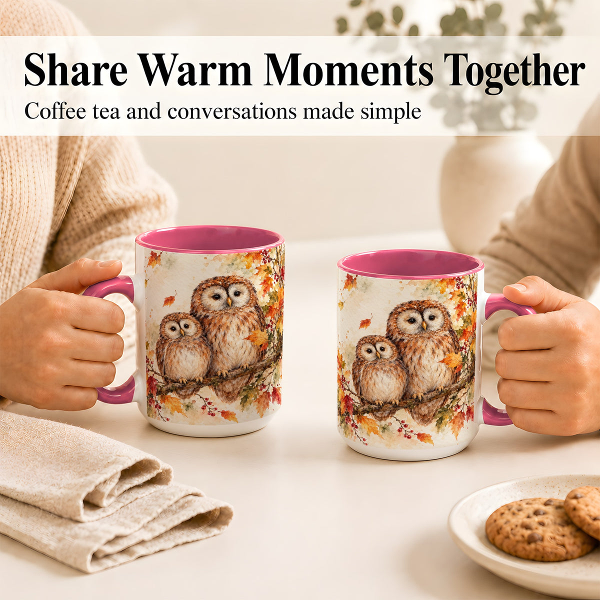 #pl[15oz|Pink] Watercolor Owl Coffee Mug, Autumn Owl Mug, Ceramic Cup