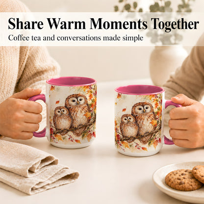 #pl[15oz|Pink] Watercolor Owl Coffee Mug, Autumn Owl Mug, Ceramic Cup