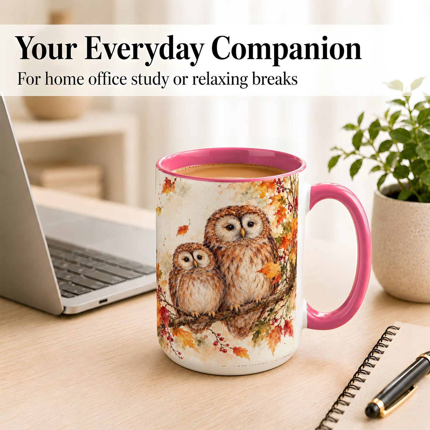 #pl[15oz|Pink] Watercolor Owl Coffee Mug, Autumn Owl Mug, Ceramic Cup