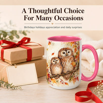 #pl[15oz|Pink] Watercolor Owl Coffee Mug, Autumn Owl Mug, Ceramic Cup