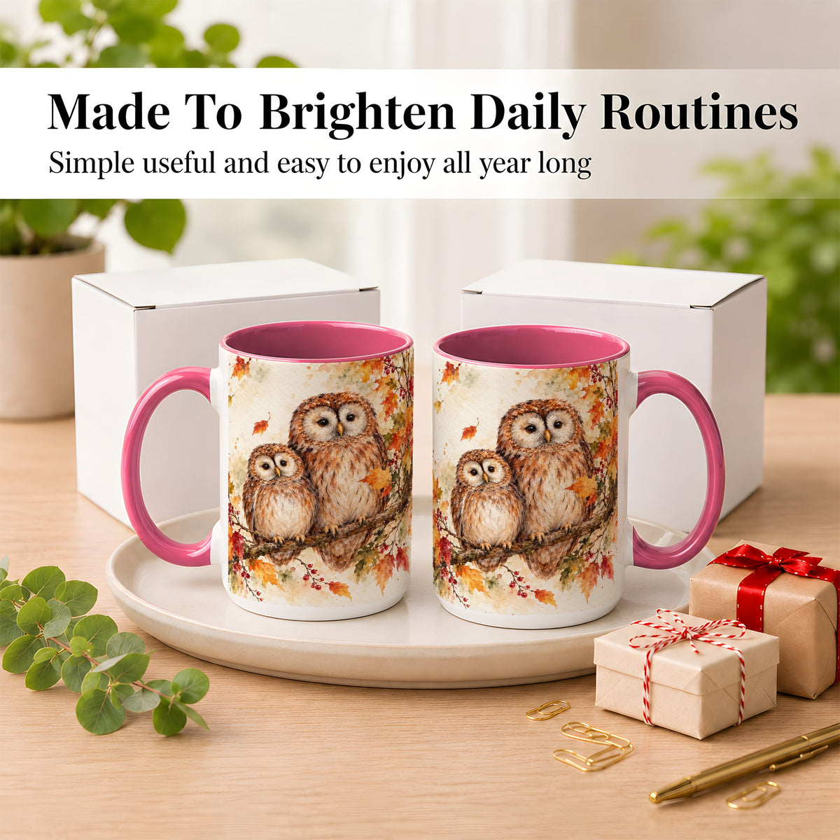 #pl[15oz|Pink] Watercolor Owl Coffee Mug, Autumn Owl Mug, Ceramic Cup