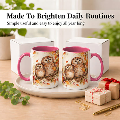 #pl[15oz|Pink] Watercolor Owl Coffee Mug, Autumn Owl Mug, Ceramic Cup