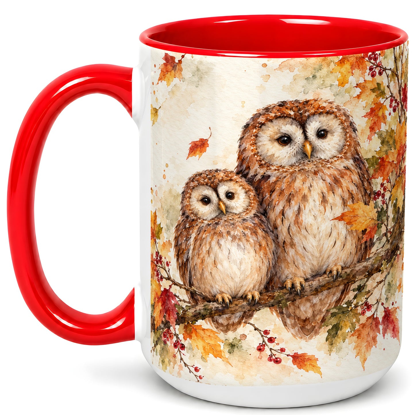 #pl[15oz|Red] Watercolor Owl Coffee Mug, Autumn Owl Mug, Ceramic Cup