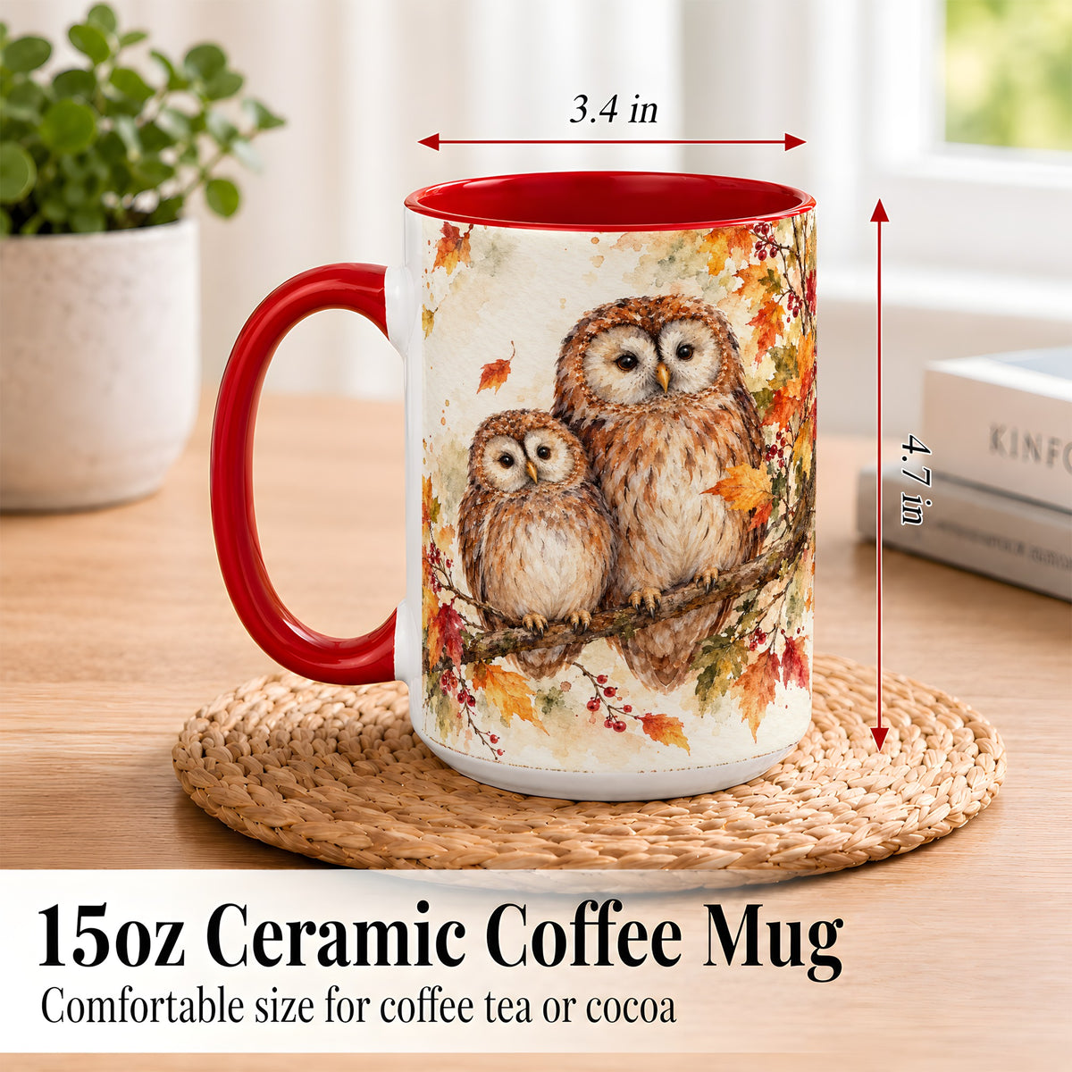 #pl[15oz|Red] Watercolor Owl Coffee Mug, Autumn Owl Mug, Ceramic Cup