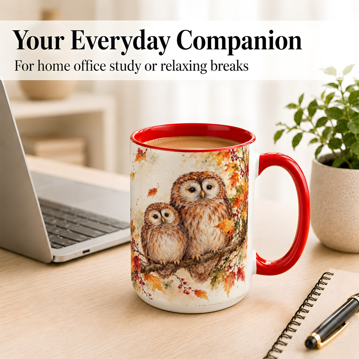 #pl[15oz|Red] Watercolor Owl Coffee Mug, Autumn Owl Mug, Ceramic Cup