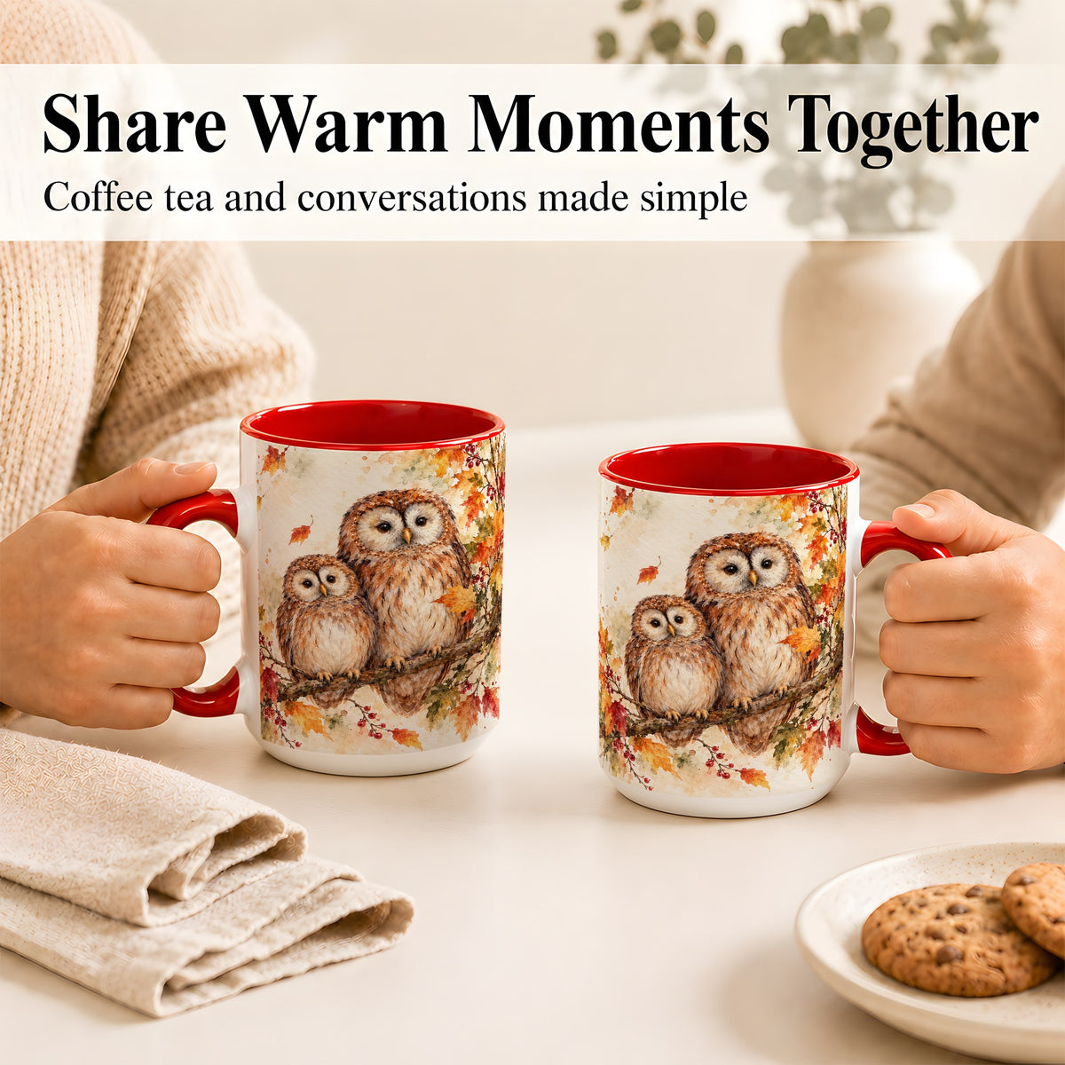 #pl[15oz|Red] Watercolor Owl Coffee Mug, Autumn Owl Mug, Ceramic Cup
