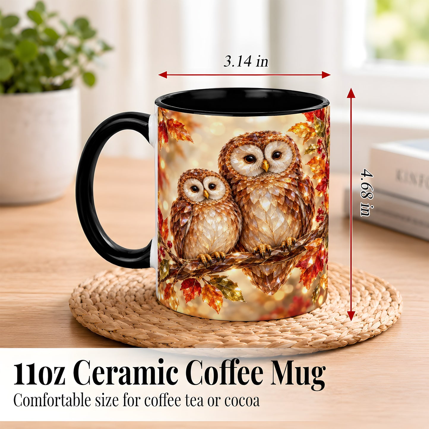 #pl[11oz|Black] Faceted Owl Coffee Mug, Autumn Owl Mug, Ceramic Cup