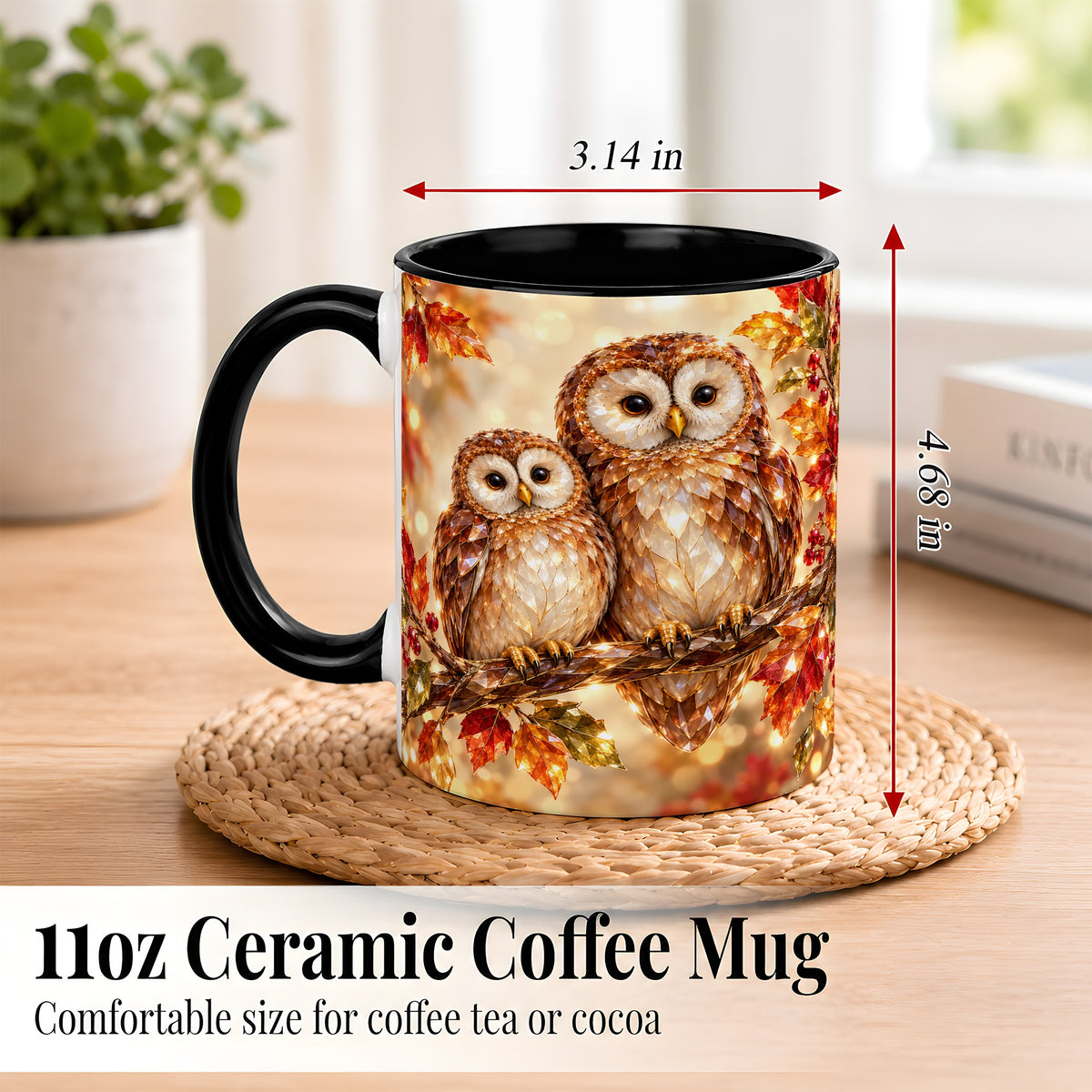 #pl[11oz|Black] Faceted Owl Coffee Mug, Autumn Owl Mug, Ceramic Cup