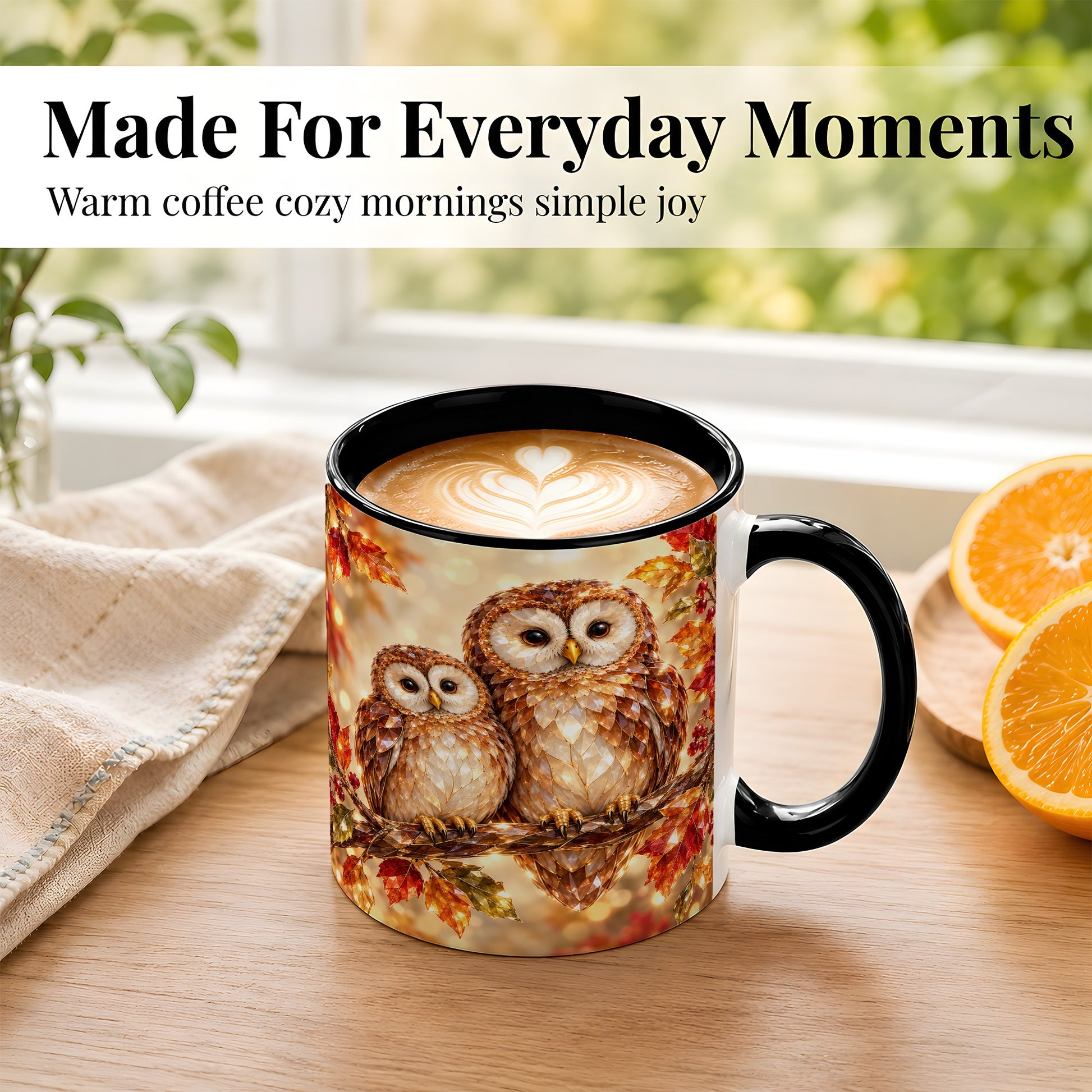 #pl[11oz|Black] Faceted Owl Coffee Mug, Autumn Owl Mug, Ceramic Cup
