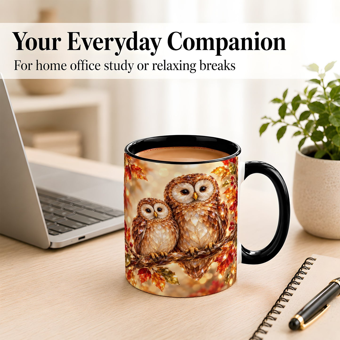 #pl[11oz|Black] Faceted Owl Coffee Mug, Autumn Owl Mug, Ceramic Cup