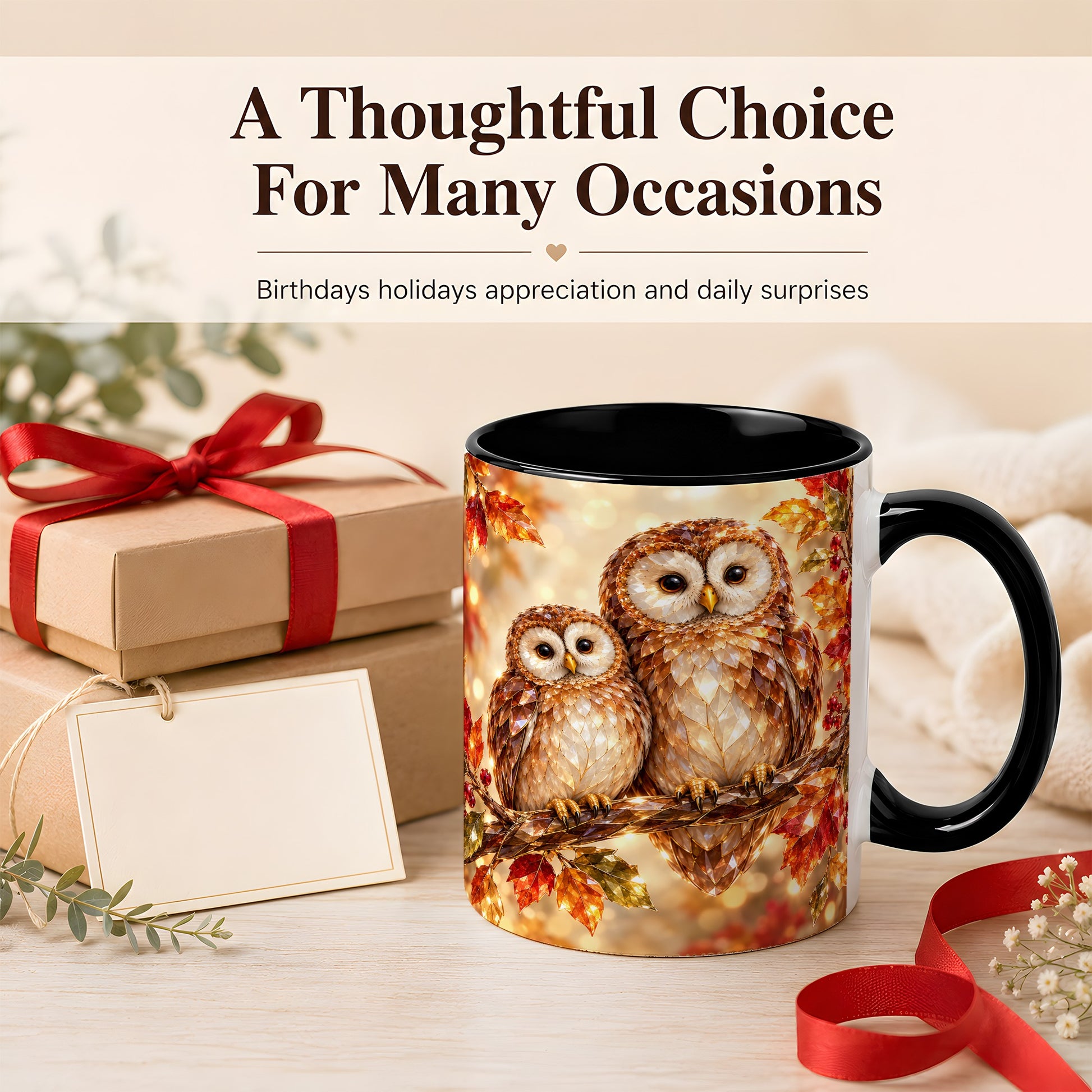 #pl[11oz|Black] Faceted Owl Coffee Mug, Autumn Owl Mug, Ceramic Cup