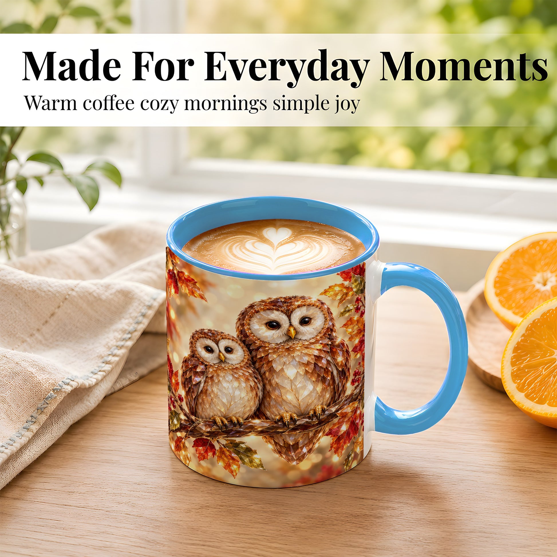#pl[11oz|Blue] Faceted Owl Coffee Mug, Autumn Owl Mug, Ceramic Cup