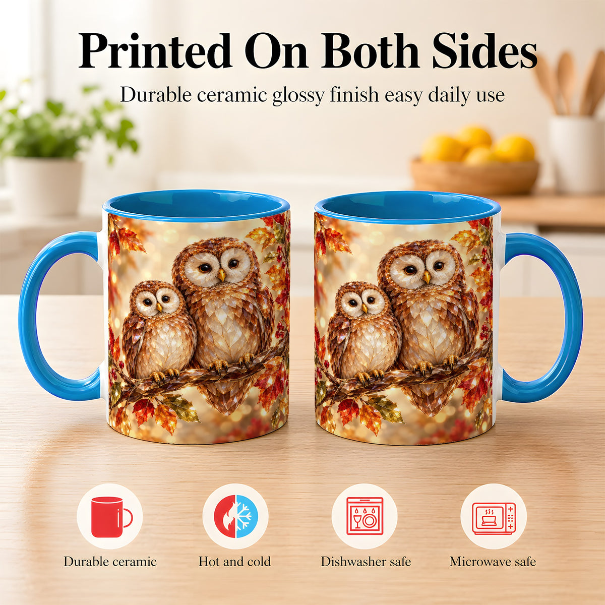 #pl[11oz|Blue] Faceted Owl Coffee Mug, Autumn Owl Mug, Ceramic Cup
