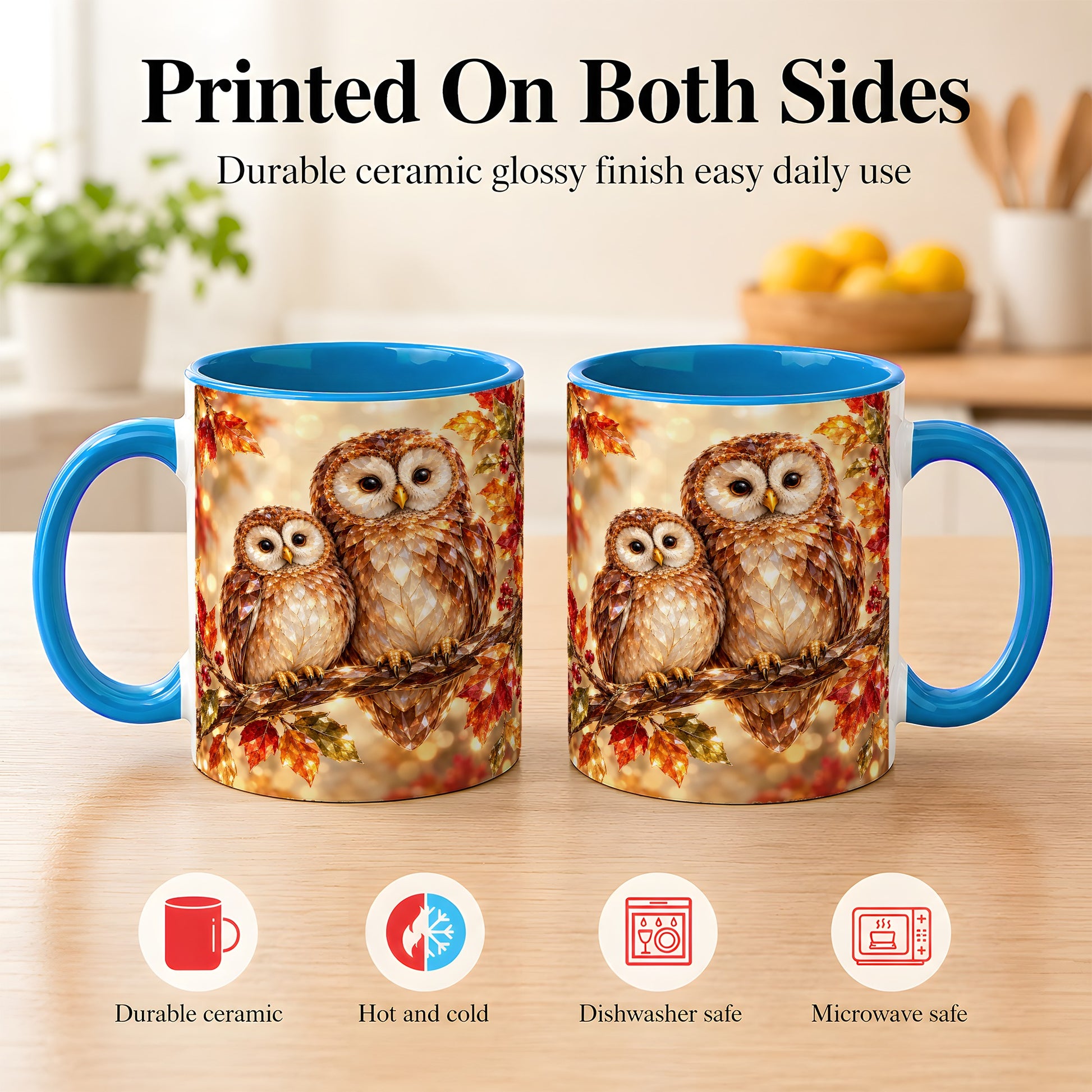#pl[11oz|Blue] Faceted Owl Coffee Mug, Autumn Owl Mug, Ceramic Cup