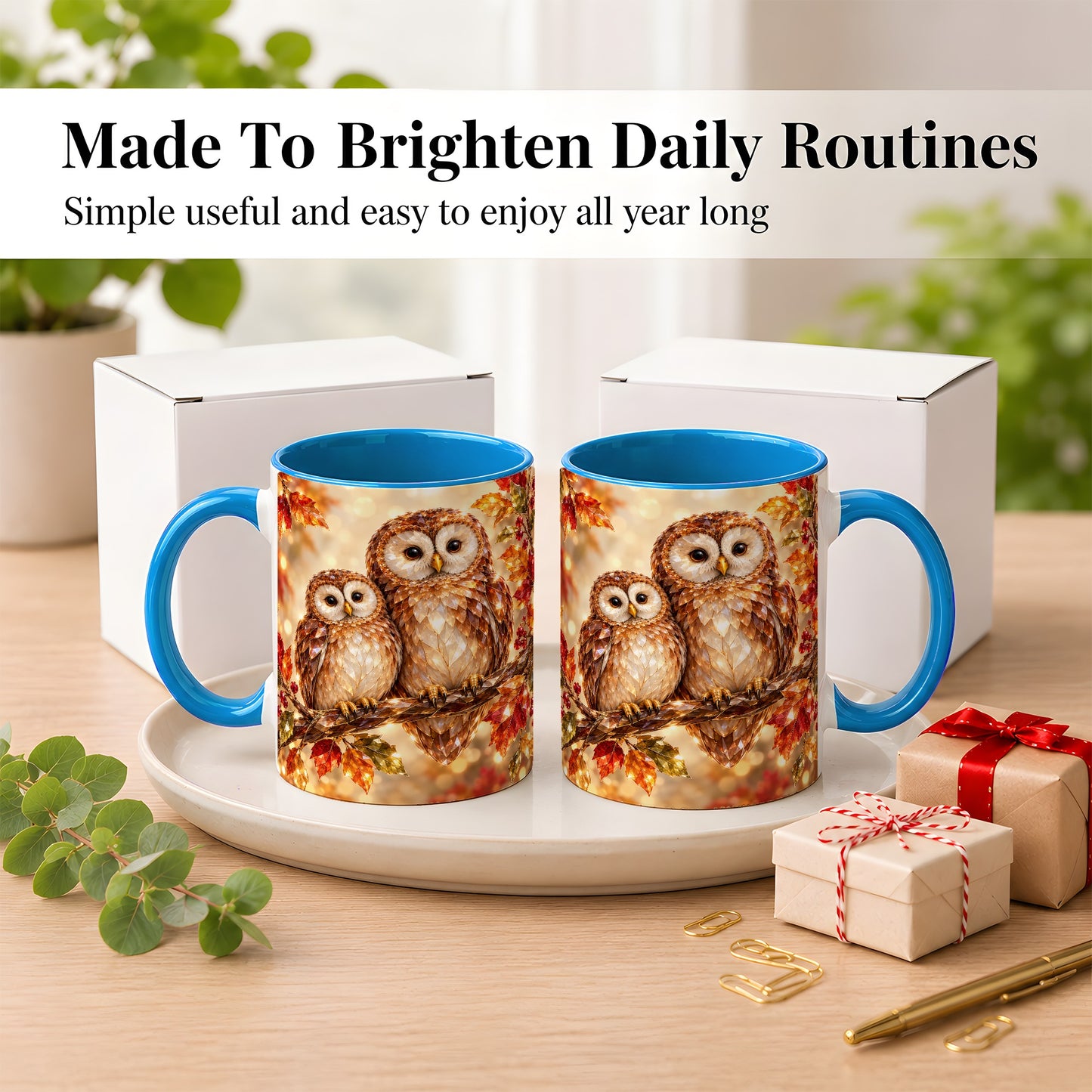 #pl[11oz|Blue] Faceted Owl Coffee Mug, Autumn Owl Mug, Ceramic Cup