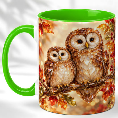 #pl[11oz|Green] Faceted Owl Coffee Mug, Autumn Owl Mug, Ceramic Cup