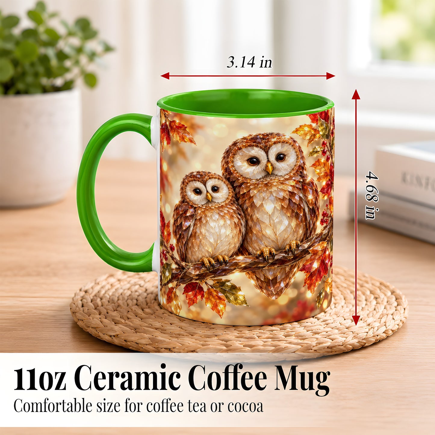 #pl[11oz|Green] Faceted Owl Coffee Mug, Autumn Owl Mug, Ceramic Cup