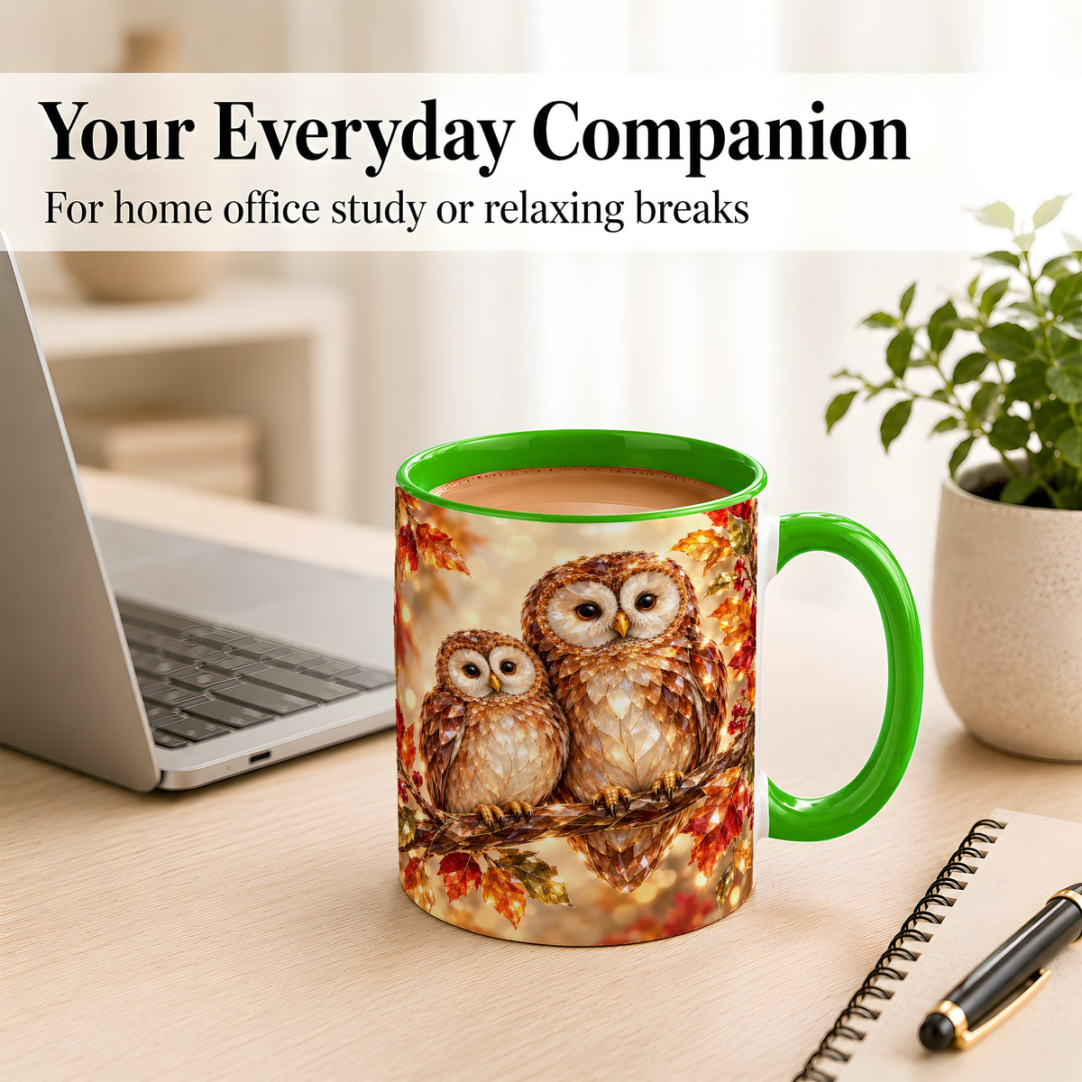 #pl[11oz|Green] Faceted Owl Coffee Mug, Autumn Owl Mug, Ceramic Cup