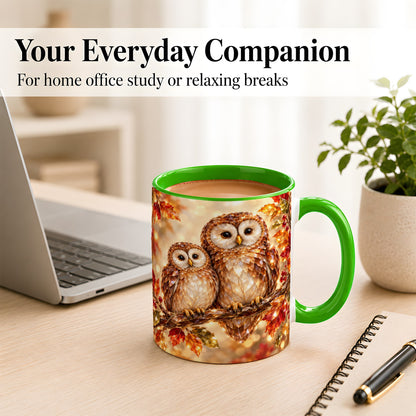#pl[11oz|Green] Faceted Owl Coffee Mug, Autumn Owl Mug, Ceramic Cup