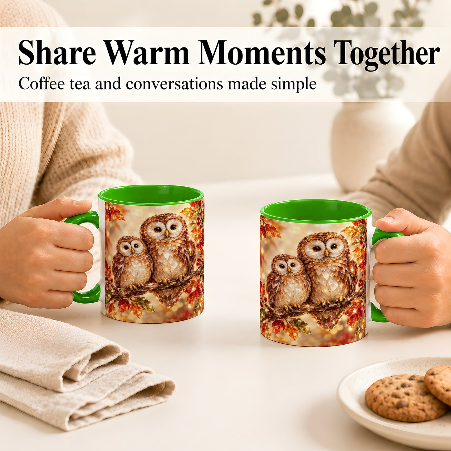 #pl[11oz|Green] Faceted Owl Coffee Mug, Autumn Owl Mug, Ceramic Cup