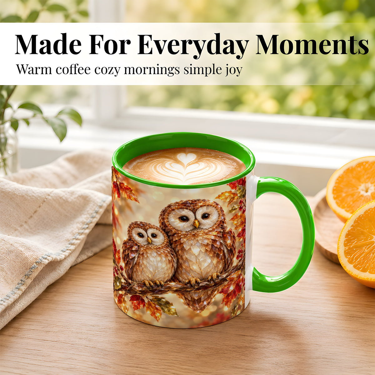 #pl[11oz|Green] Faceted Owl Coffee Mug, Autumn Owl Mug, Ceramic Cup