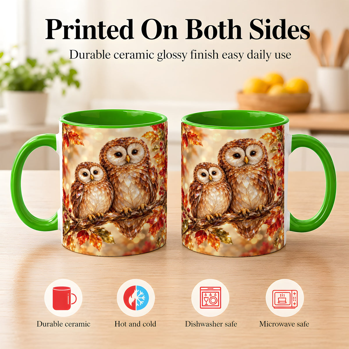 #pl[11oz|Green] Faceted Owl Coffee Mug, Autumn Owl Mug, Ceramic Cup