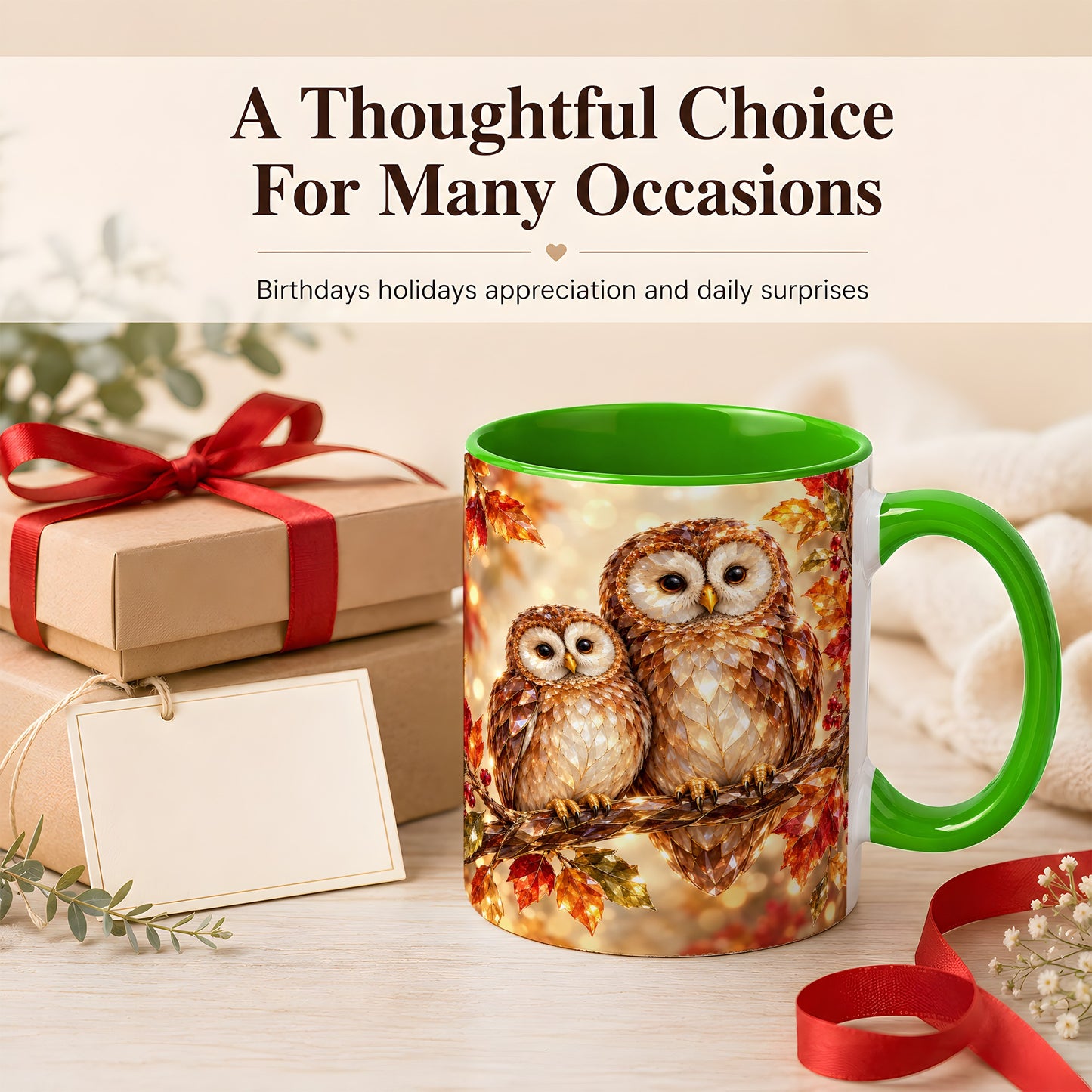 #pl[11oz|Green] Faceted Owl Coffee Mug, Autumn Owl Mug, Ceramic Cup