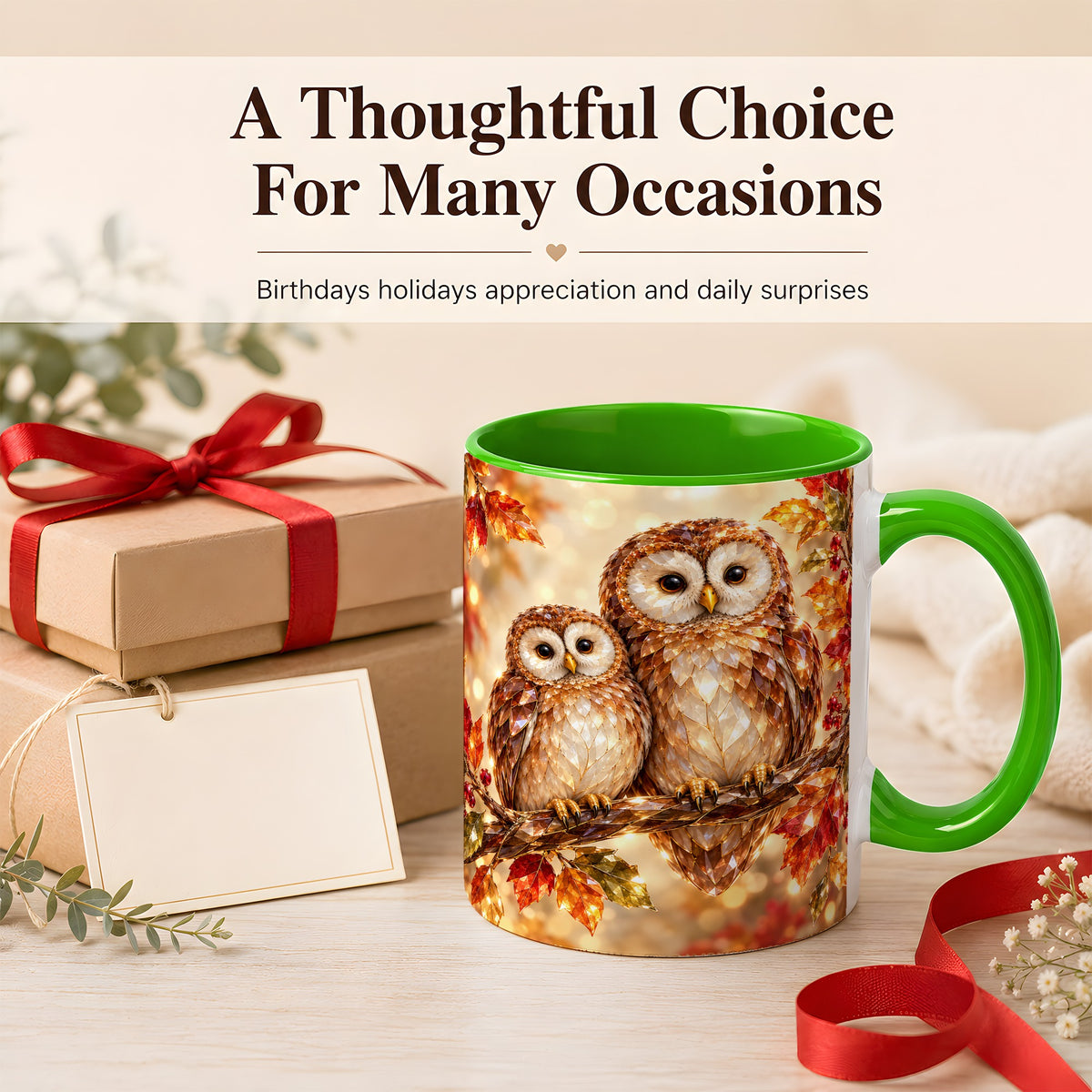 #pl[11oz|Green] Faceted Owl Coffee Mug, Autumn Owl Mug, Ceramic Cup