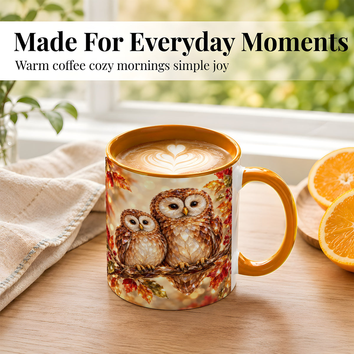 #pl[11oz|Orange] Faceted Owl Coffee Mug, Autumn Owl Mug, Ceramic Cup