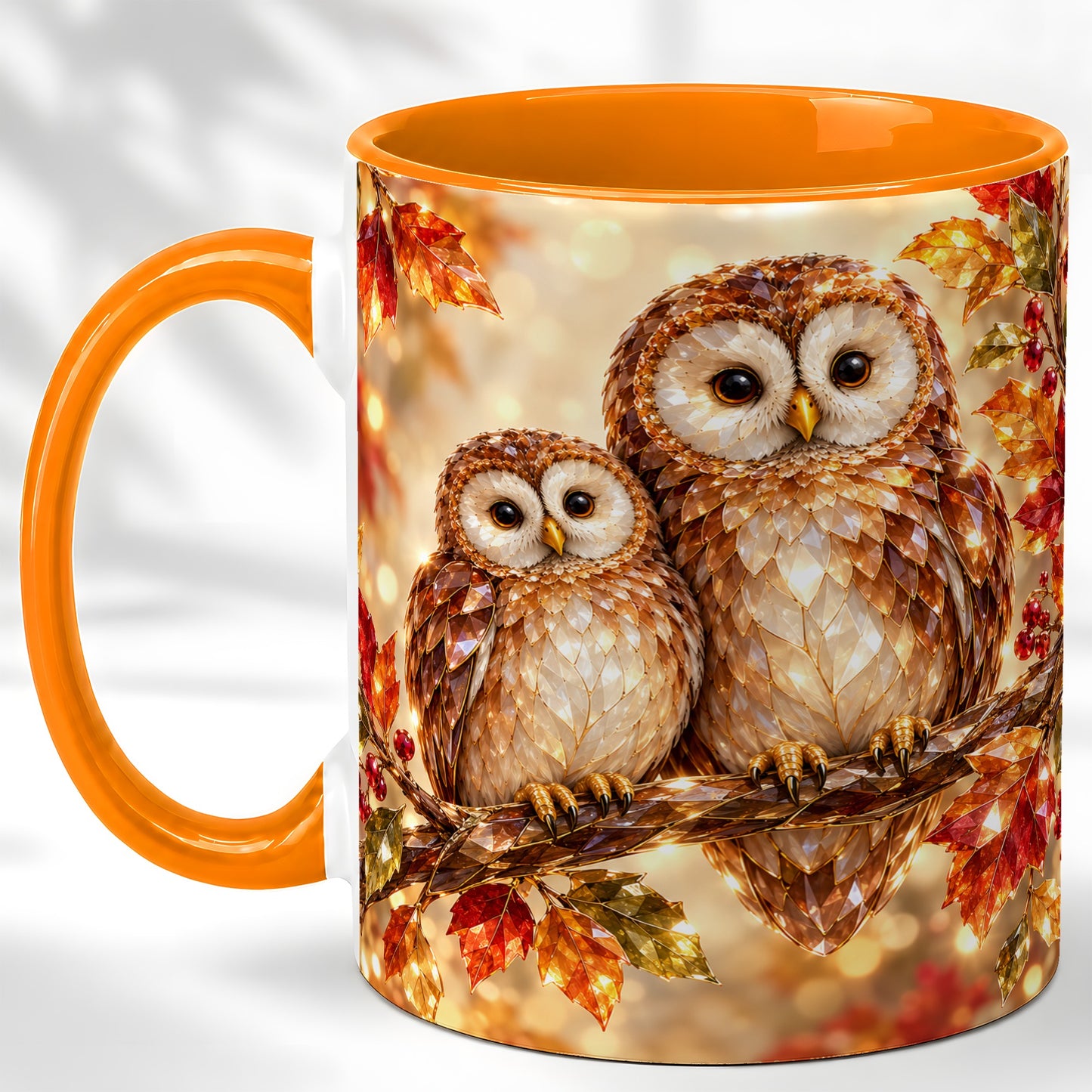 #pl[11oz|Orange] Faceted Owl Coffee Mug, Autumn Owl Mug, Ceramic Cup