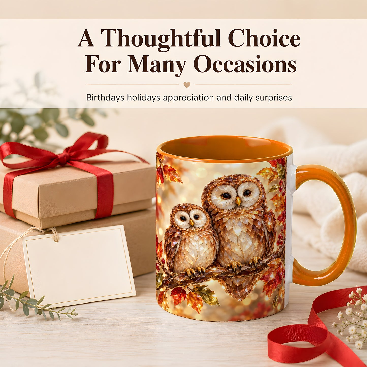 #pl[11oz|Orange] Faceted Owl Coffee Mug, Autumn Owl Mug, Ceramic Cup