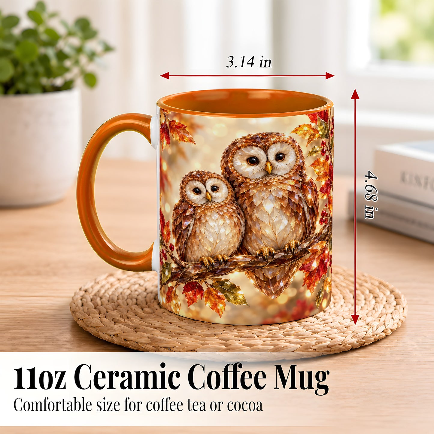 #pl[11oz|Orange] Faceted Owl Coffee Mug, Autumn Owl Mug, Ceramic Cup