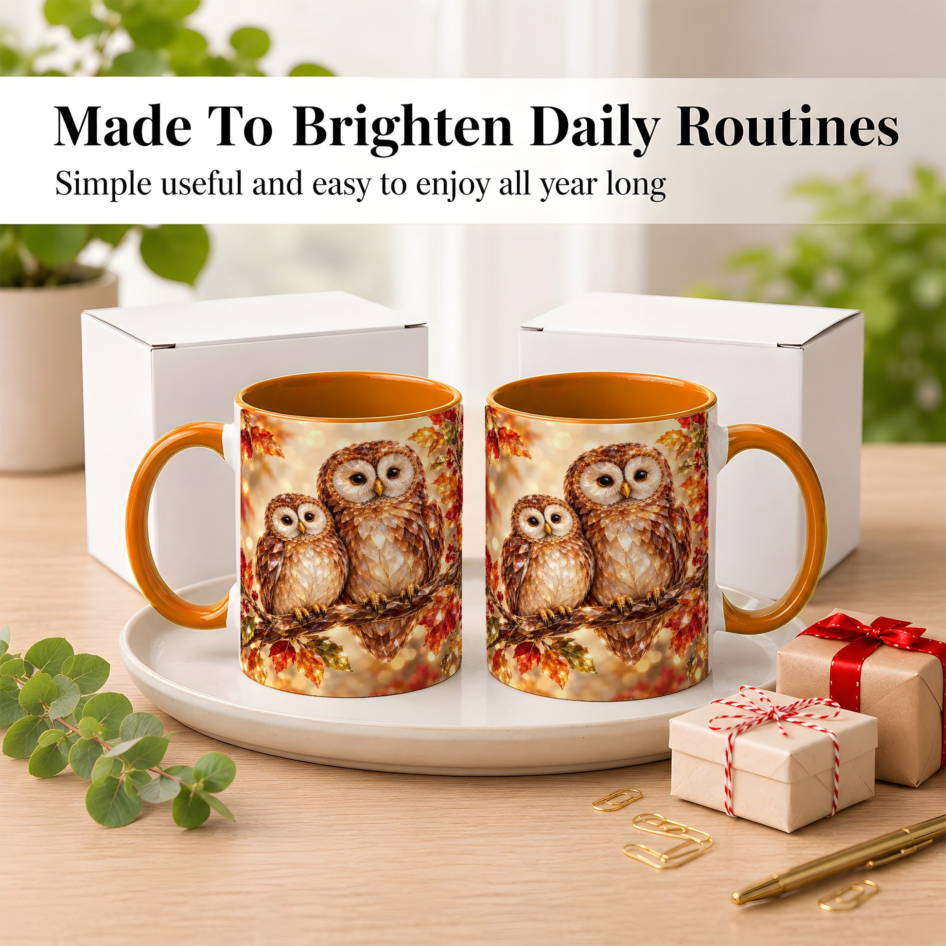 #pl[11oz|Orange] Faceted Owl Coffee Mug, Autumn Owl Mug, Ceramic Cup