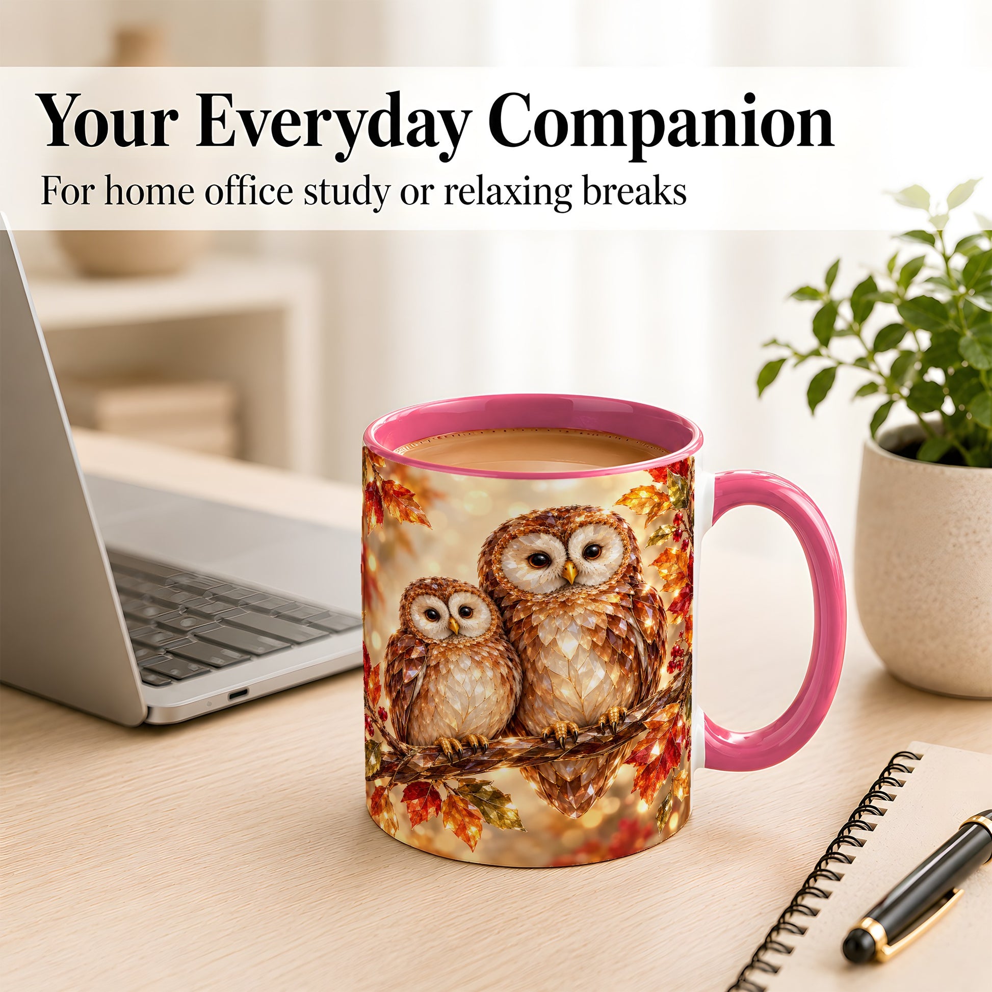 #pl[11oz|Pink] Faceted Owl Coffee Mug, Autumn Owl Mug, Ceramic Cup