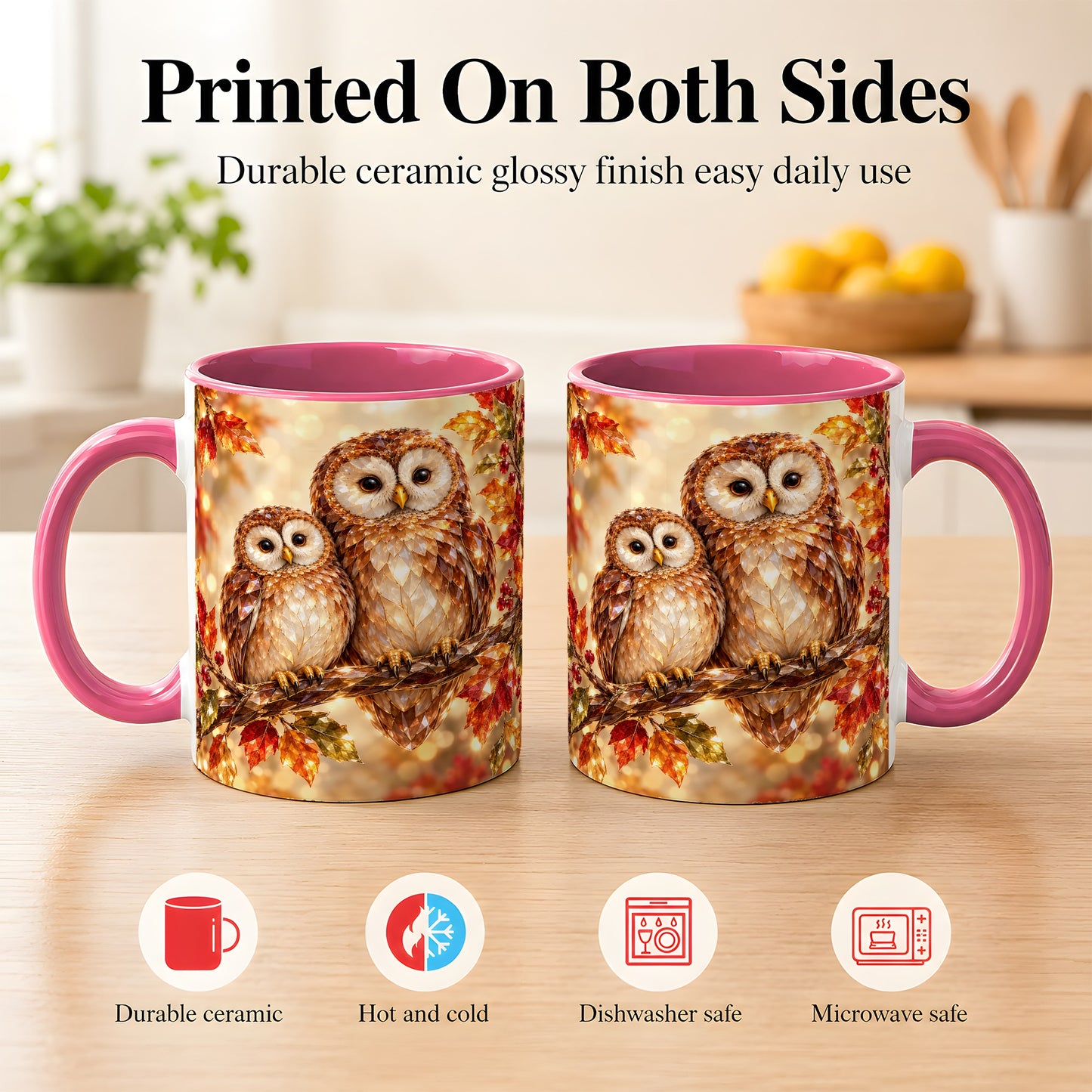 #pl[11oz|Pink] Faceted Owl Coffee Mug, Autumn Owl Mug, Ceramic Cup