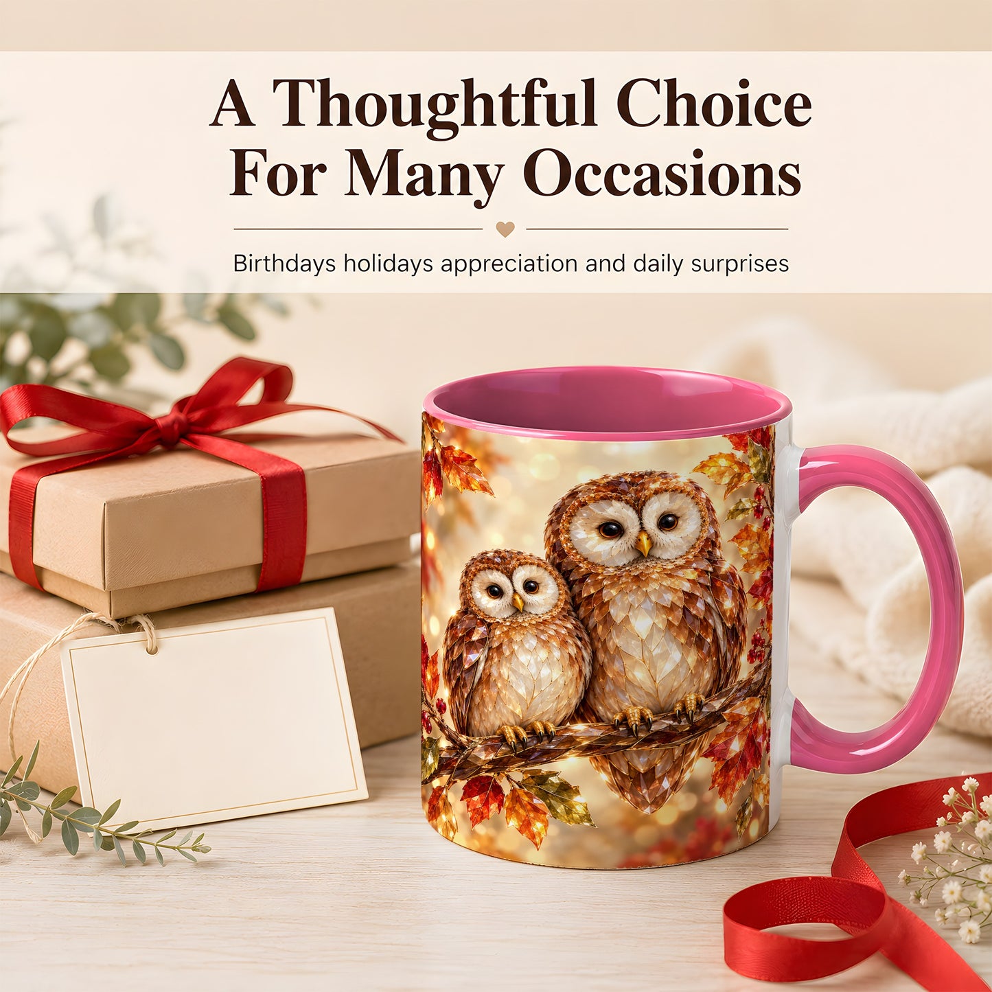 #pl[11oz|Pink] Faceted Owl Coffee Mug, Autumn Owl Mug, Ceramic Cup