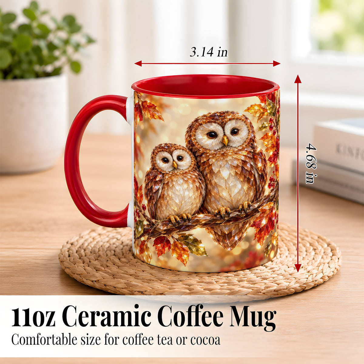#pl[11oz|Red] Faceted Owl Coffee Mug, Autumn Owl Mug, Ceramic Cup