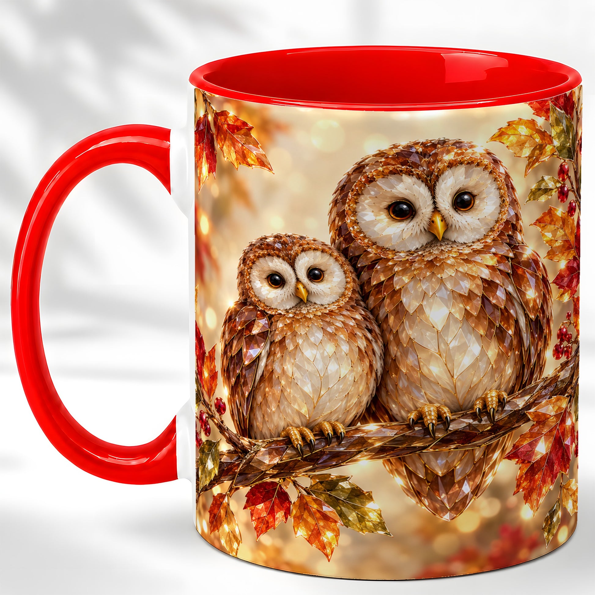 Faceted Owl Coffee Mug, Autumn Owl Mug, Ceramic Cup