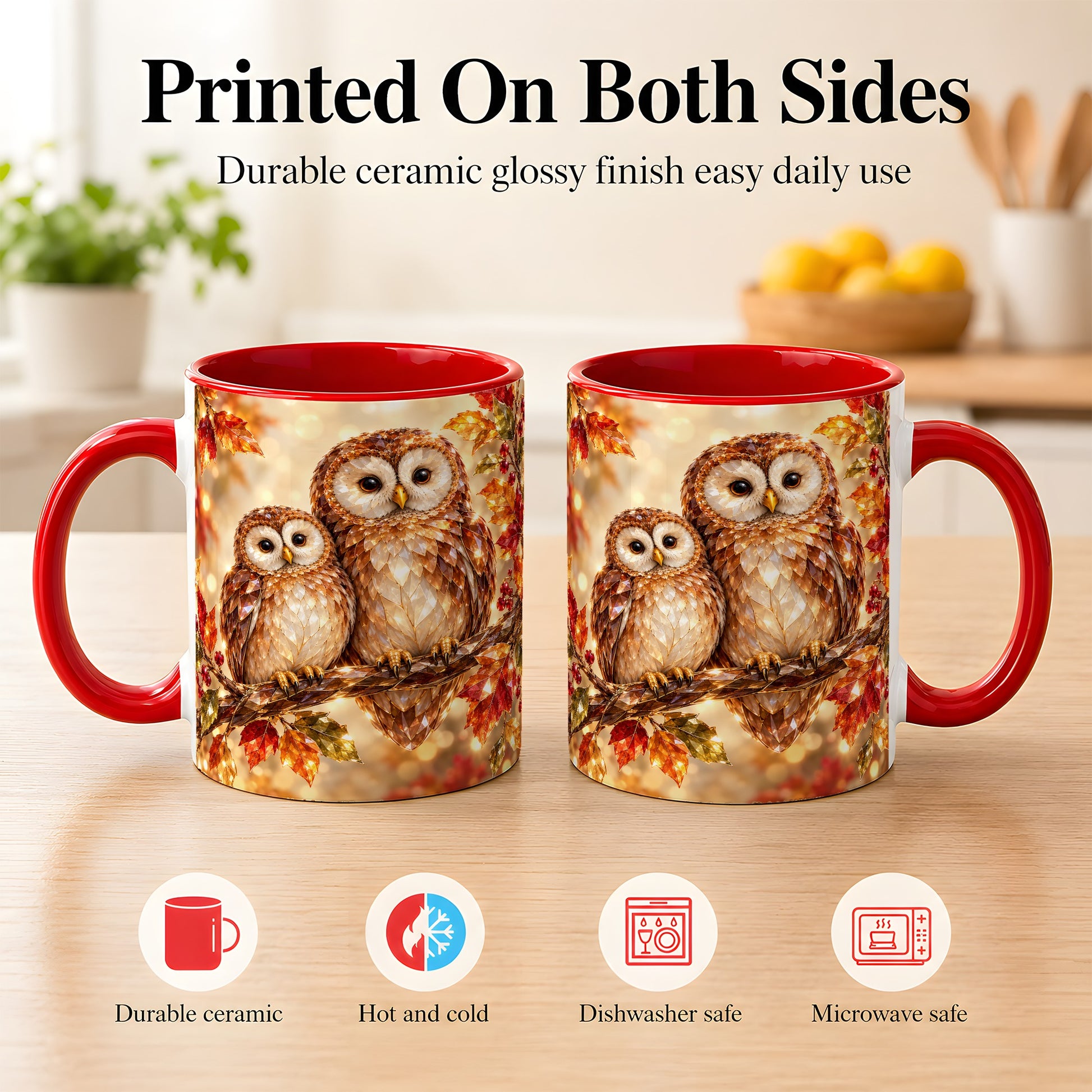 #pl[11oz|Red] Faceted Owl Coffee Mug, Autumn Owl Mug, Ceramic Cup