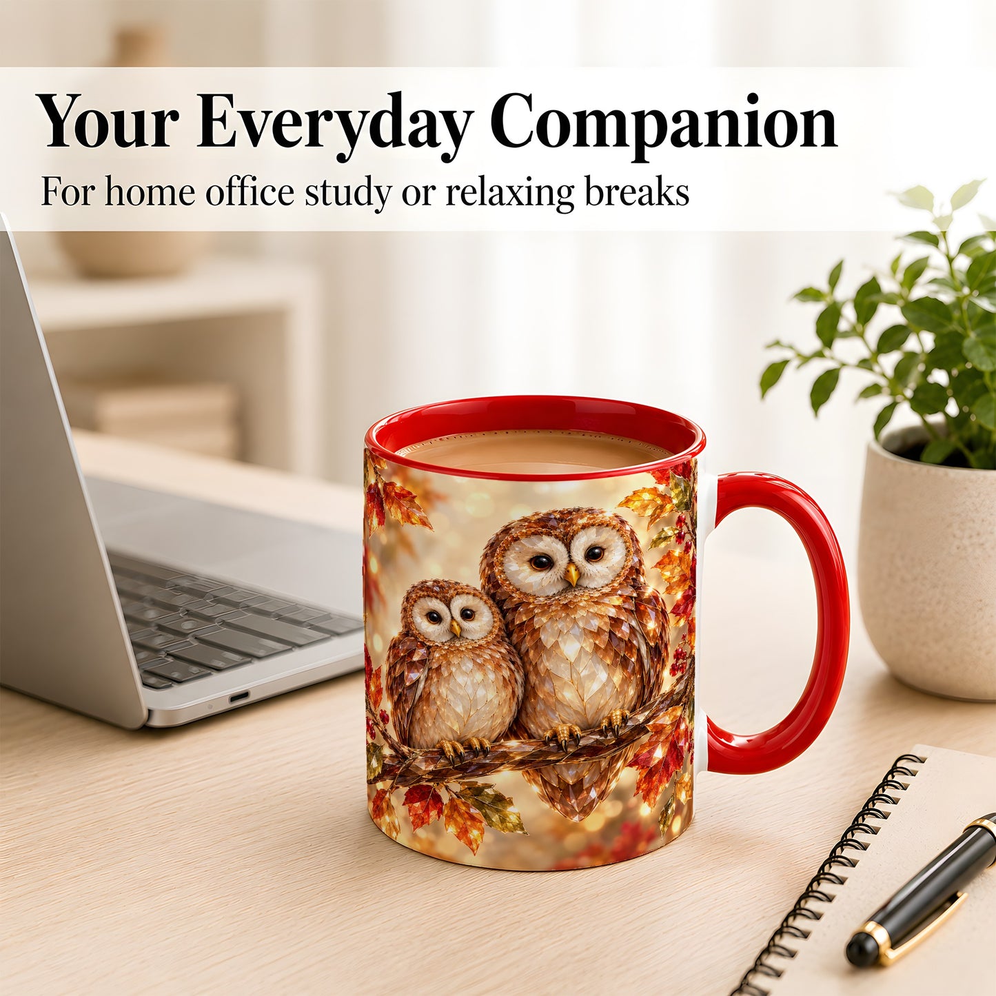 #pl[11oz|Red] Faceted Owl Coffee Mug, Autumn Owl Mug, Ceramic Cup