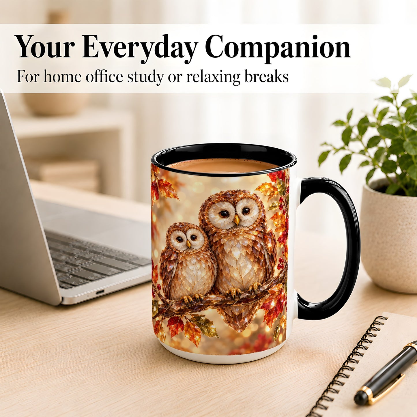 #pl[15oz|Black] Faceted Owl Coffee Mug, Autumn Owl Mug, Ceramic Cup