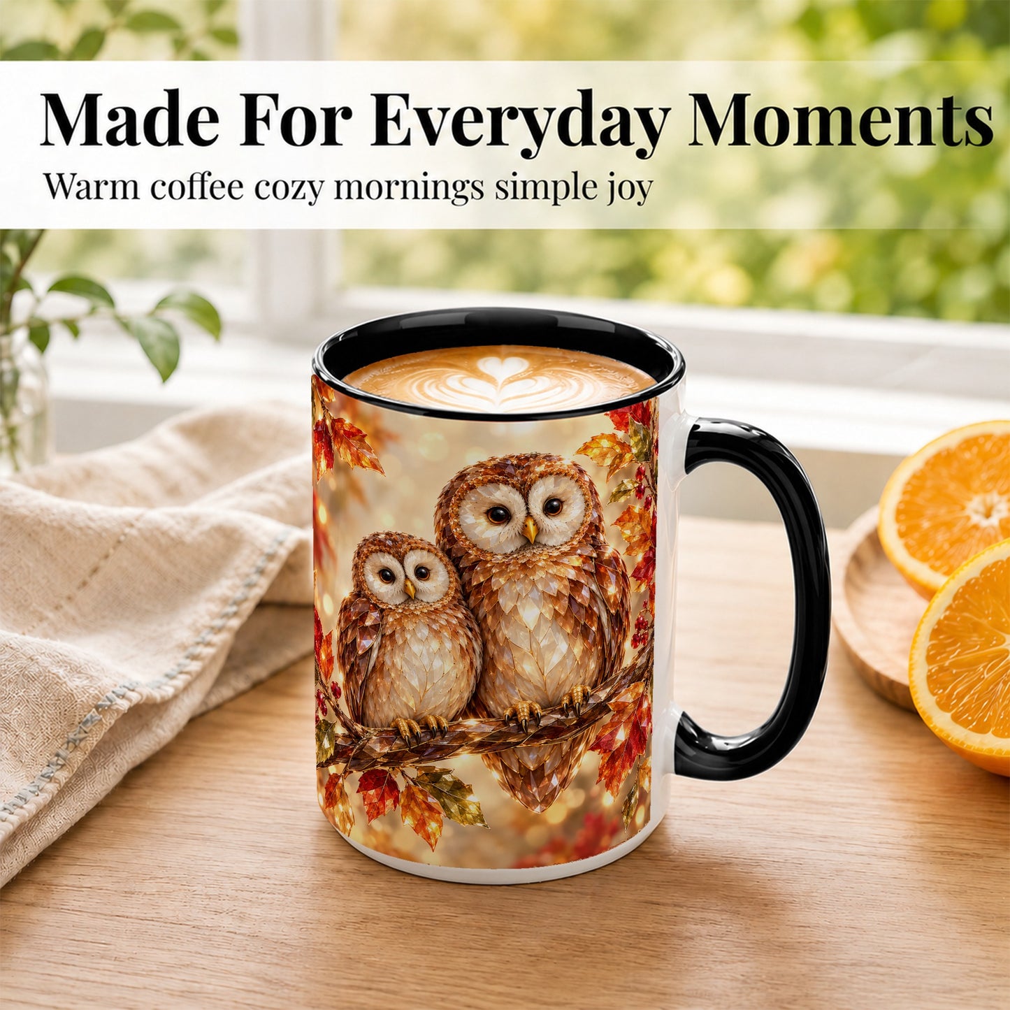 #pl[15oz|Black] Faceted Owl Coffee Mug, Autumn Owl Mug, Ceramic Cup