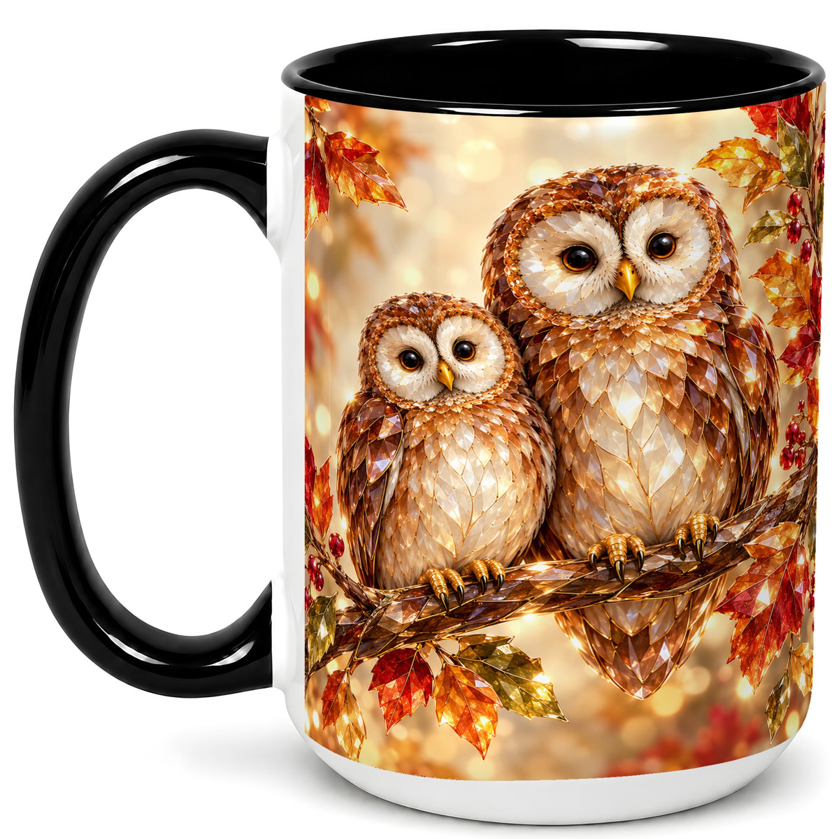 #pl[15oz|Black] Faceted Owl Coffee Mug, Autumn Owl Mug, Ceramic Cup