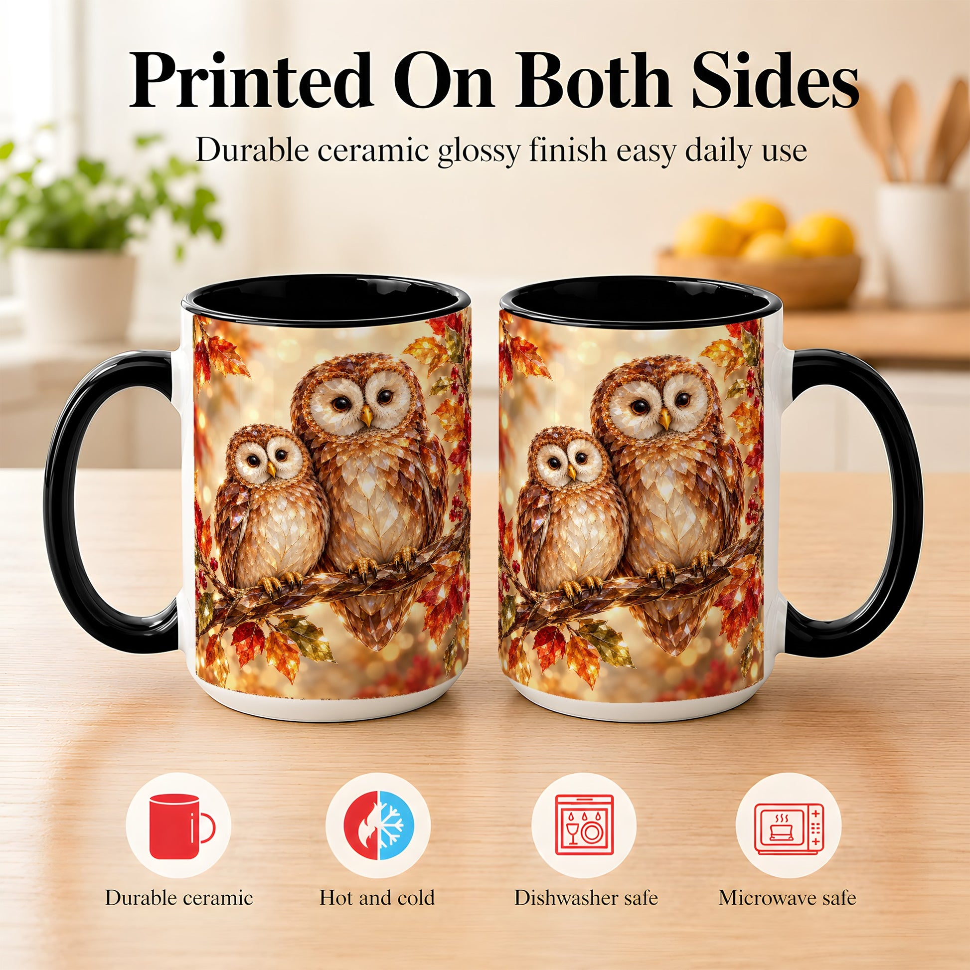 #pl[15oz|Black] Faceted Owl Coffee Mug, Autumn Owl Mug, Ceramic Cup